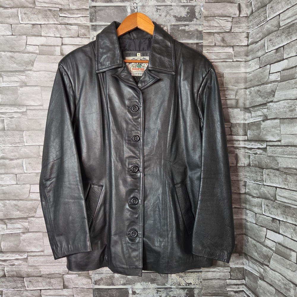 Vintage Nopal Genuine Napa Leather Jacket Black Button Front Car Coat Western XL